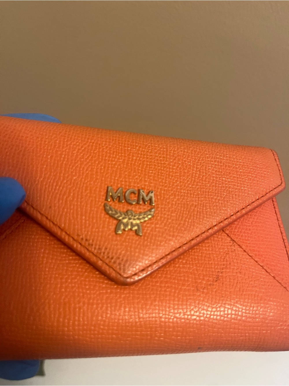 MCM Orange Leather Envelope Compact Wallet with Gold Logo - Picture 2 of 13